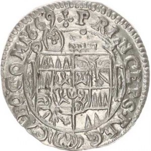 Olomouc, Karel II. Liechtenstein (1664-1695), 3 kr. 1669, zn.špice SV 322 E5/B5 var. válcov. mince