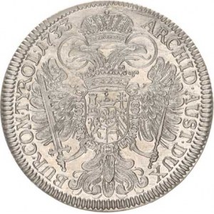 Karel VI. (1711-1740), Tolar 1733 b.zn., Tyroly Hall - var.: pod poprsím dvě tečky (2