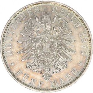 Bavorsko, Ludwig II. (1864-1886), 5 Mark 1875 D KM 502, nep. rys.