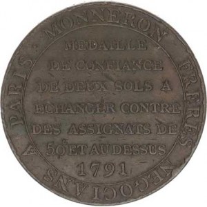 Francie, Ludvík XVI.(1774-1793), 2 Sols - Token 1791, Monneron Freres Negoocians - bronz