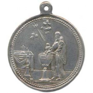 Náboženské medaile, Německo - Křestní medaile 1898, A: Kněz drží dítě nad křtitelnicí