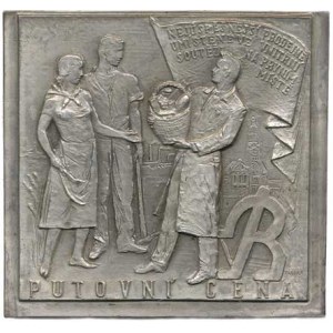 Tříska Jan (1904-1976), PUTOVNÍ CENA, Žena s mužem přebírají dárkový koš pod rozvinutou