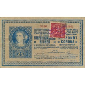 Rakousko - Uhersko, 25 Kronen 1918 sér. 3136 - s nalepeným ČSR kolkem 20 haléřů