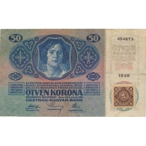 Československo 1918 - 1939, 50 K 1914 sér. 1040 - kolkovaná Baj. 4, přelož., mír. natrž.