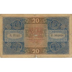 Československo 1918 - 1939, 20 Kč 1919 sér. P 212 Baj. 10a R, natrž. v přeložení