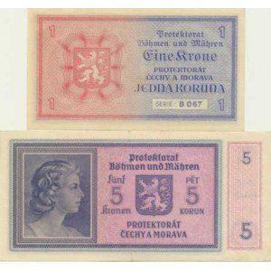 Protektorát Čechy a Morava, 1 K b.l. /1940/ sér. B 067; +5 K b.l. /1940/ sér. HO 45 (přelož.