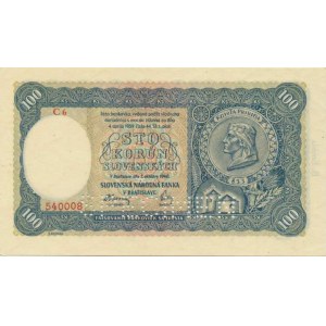 Slovenská republika, 1939 - 1945, 100 Ks 1940 sér. C 6 II. vydání SPECIMEN Baj. 49a