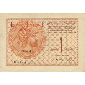 Jugoslávie, 1 Dinar b.l. (1919) - přetisk 4 Krune Pick 15 R, přelož.