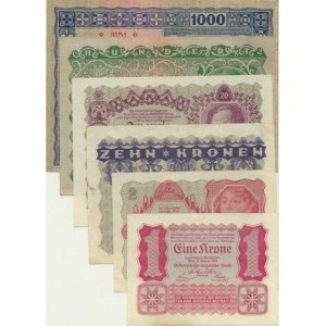 Rakousko, 1, 2, 10, 20, 100, 1000 Kronen 1922 Pick 73-78 6 ks