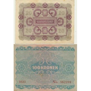 Rakousko, 100 Kronen 2.1. 1922 sér. 1023; +20 Kronenn 2.1. 1922 sér. 1