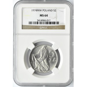 Polska, PRL, Rybak, 5 złotych 1974 PŁASKA DATA, Warszawa, NGC MS64