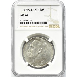 Polska, II RP, Józef Piłsudski, 10 złotych 1939, Warszawa, NGC MS62