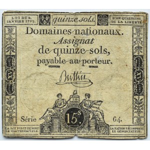 Francja, asygnata na 15 soli, seria 64, 1792