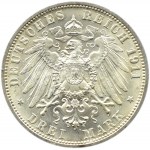 Niemcy, Wirtembergia, Wilhelm i Charlotte, 3 marki 1911 F, Stuttgart, UNC