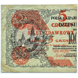 Polska, II RP, bilet zdawkowy 5 groszy 1924, lewa połówka