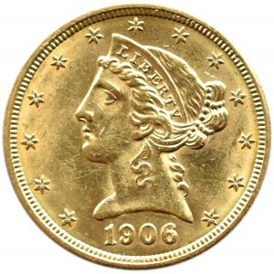 USA, Głowa, 5 dolarów 1906, Filadelfia, piękny