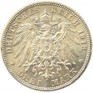 Niemcy, Prusy, Wilhelm II w mundurze, 3 marki 1913 A, Berlin