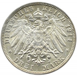 Niemcy, Bawaria, Ludwig III, 3 marki 1914 D, Monachium, UNC