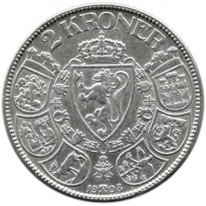 Norwegia, Haakon VII, 2 korony 1908, Kongsberg, rzadkie
