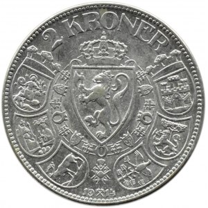 Norwegia, Haakon VII, 2 korony 1914, Kongsberg, rzadkie