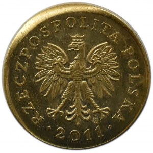 Polska, III RP, destrukt, 5 groszy 2011, przesunięty stempel, zawinięty kołnierz