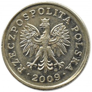 Polska, III RP, destrukt, 20 groszy 2009, Warszawa, przesunięcie stempla