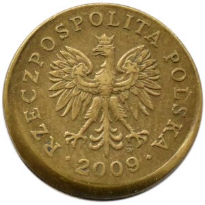 Polska, III RP, destrukt, 5 groszy 2009, przesunięcie stempla