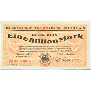 Niemcy, Reichsbahndirektion, 1 bilion marek 1923, bez litery serii, UNC