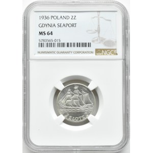 Polska, II RP, Żaglówka, 2 złote 1936, piękny egzemplarz, NGC MS64