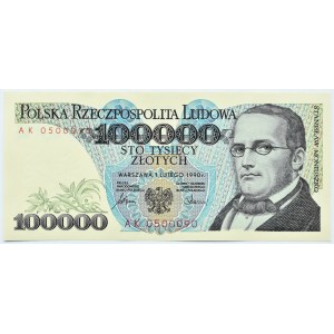 Polska, III RP, St. Moniuszko, 100000 złotych 1990, seria AK, ciekawy numer, UNC