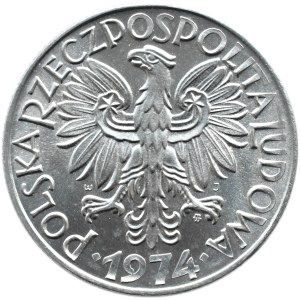 Polska, PRL, Rybak, 5 złotych 1974, PŁASKA DATA, Warszawa, UNC