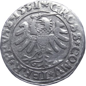 Zygmunt I Stary, grosz 1531, Toruń, popiersie w koronie, PRVS/PRVSS
