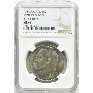 Polska, II RP, Józef Piłsudski, 10 złotych 1934 strzelecki, Warszawa, NGC MS61