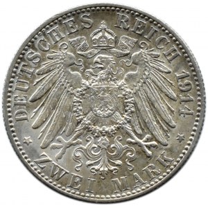 Niemcy, Wirtembergia, Wilhelm II, 2 marki 1914 F, Stuttgart, UNC