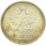 Polska, II RP, 5 złotych 1928 Nike, Warszawa, odmiana ze znakiem mennicy, piękna!