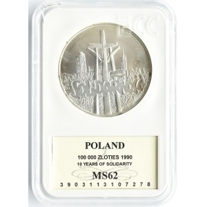 Polska, III RP 100000 złotych 1990, 10 lat Solidarności, Warszawa, GCN MS62