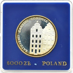 Polska, PRL, 5000 złotych 1989, Toruń - zabytki, Warszawa, UNC