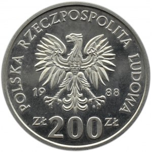 Polska, PRL, 200 złotych 1988, MŚ w piłce, Włochy 1990 - próba, Warszawa, UNC