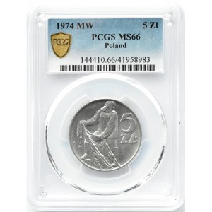 Polska, PRL, Rybak, 5 złotych 1974, Warszawa, PCGS MS66