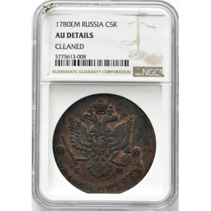 Rosja, Katarzyna II, 5 kopiejek 1780 E.M., Jekaterinburg, NGC AU