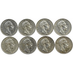 Niemcy, Prusy, Wilhelm II, lot ośmiu monet 3 marki 1908-1912 A, Berlin