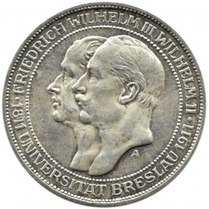 Niemcy, Prusy, Wilhelm II, 3 marki 1911 A, Berlin, 100-lecie Uniwersytetu we Wrocławiu