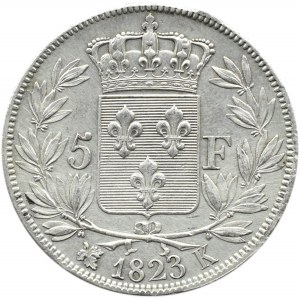 Francja, Ludwik XVIII, 5 franków 1823 K, Bordeaux