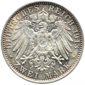 Niemcy, Prusy, Wilhelm II w mundurze, 2 marki 1913 A, Berlin, UNC