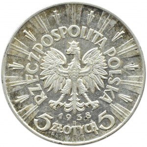 Polska, II RP, Józef Piłsudski, 5 złotych 1938, Warszawa, PIĘKNY