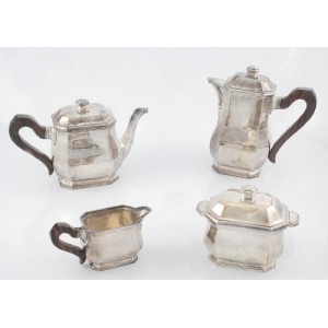 Tetard Fre`res (czynna od 1880), Komplet do kawy i herbaty art deco składający się z dzbanka do kawy, imbryka do herbaty, mlecznika i cukiernicy