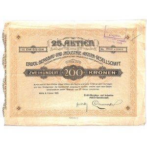 Spółka Akcyjna Górnictwa i Przemysłu Naftowego - 25 akcji po 200 koron III emisja 1922