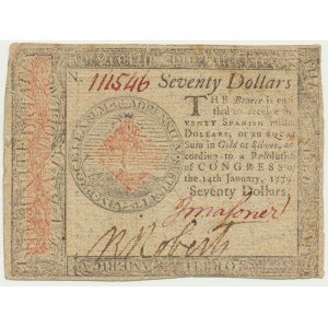 USA, Continental Currency, 70 dolarów 1779 - RZADKI