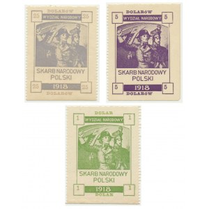 Skarb Narodowy Polski, znaczki 1, 5 i 25 dolarów 1918 (3szt.)