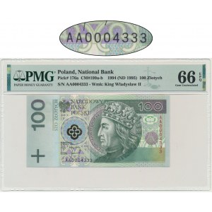 100 złotych 1994 - AA 0004333 - PMG 66 EPQ - niski numer seryjny